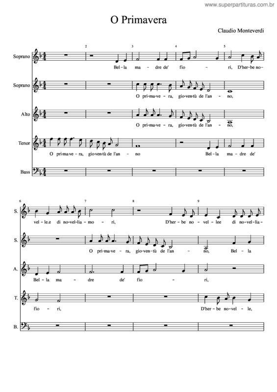 Partitura da música O Primavera – Monteverdi