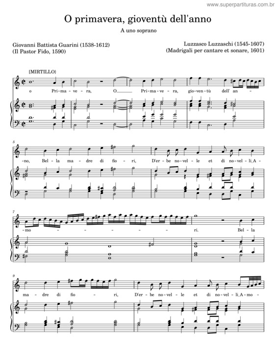 Partitura da música O Primavera Gioventù Dell`Anno – Luzzasco Luzzaschi