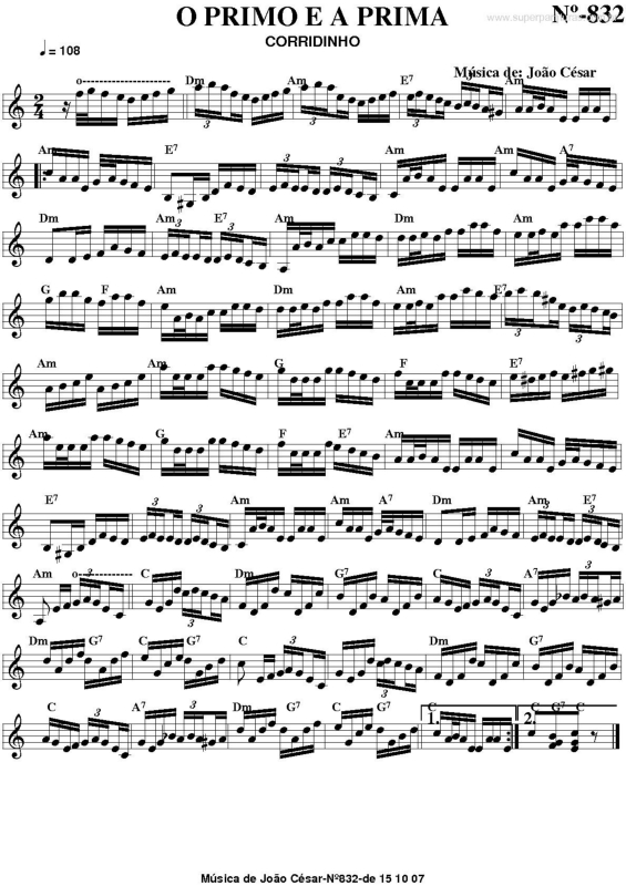 Partitura da música O Primo e a Prima