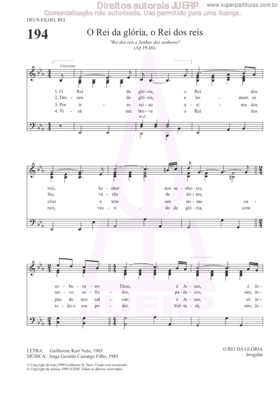 Partitura da música O Rei Da Glória, O Rei Dos Reis - 194 HCC v.2