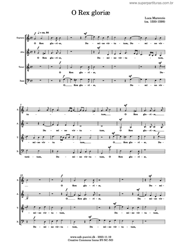 Partitura da música O Rex Gloriæ – Luca Marenzio