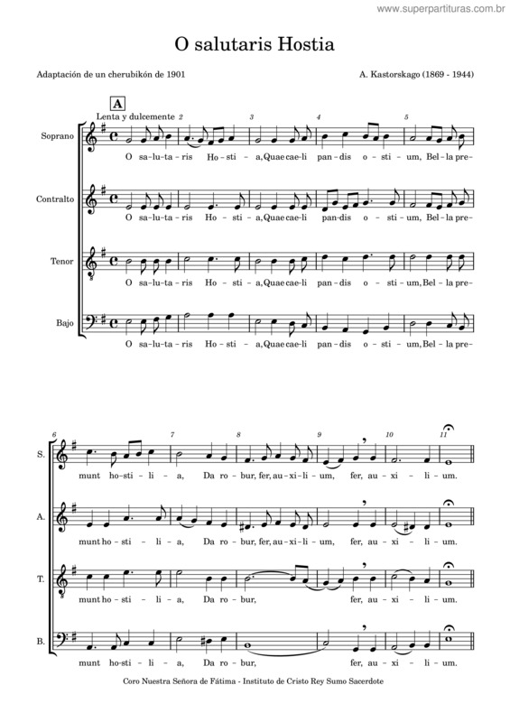 Partitura da música O Salutaris Hostia – Kastorskago