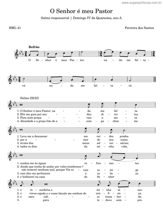 Partitura da música O Senhor É Meu Pastor – Ferreira Dos Santos