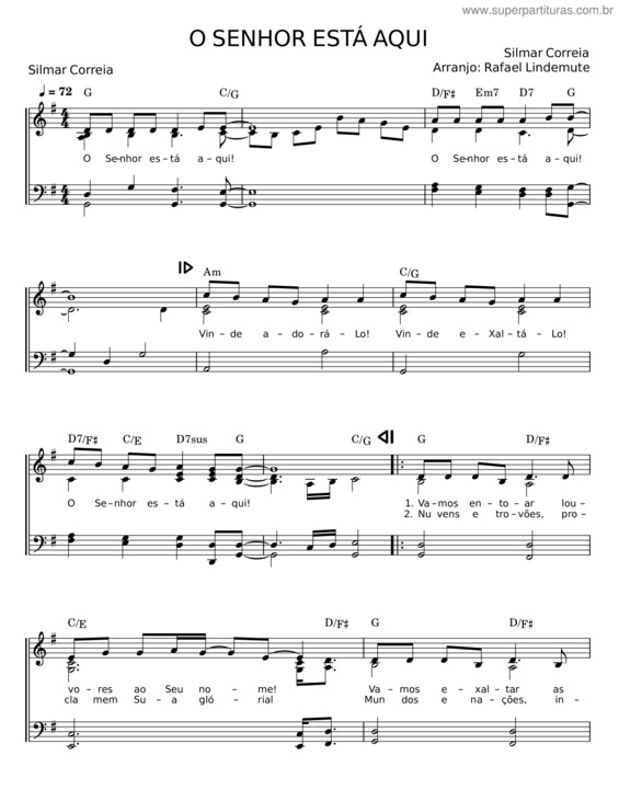 Partitura da música O Senhor Está Aqui – Silmar Correia