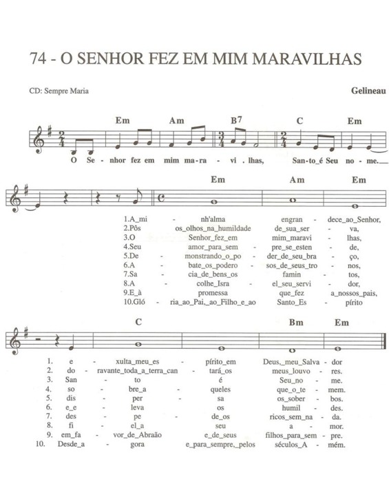 Partitura da música O Senhor Fez em Mim Maravilhas