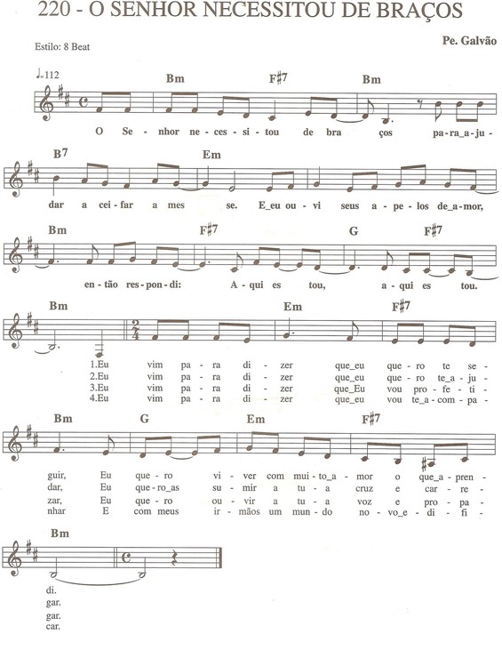 Partitura da música O Senhor Necessitou de Braços