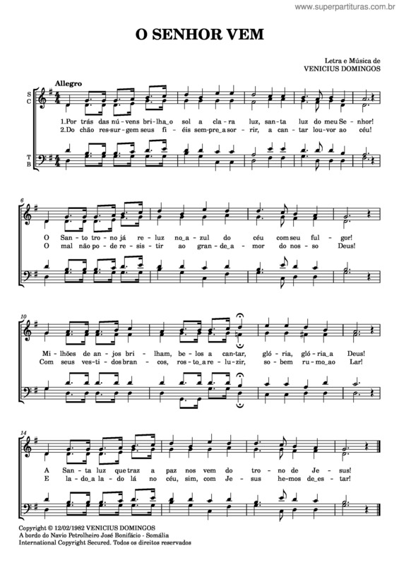 Partitura da música O Senhor Vem – Venicius Domingos