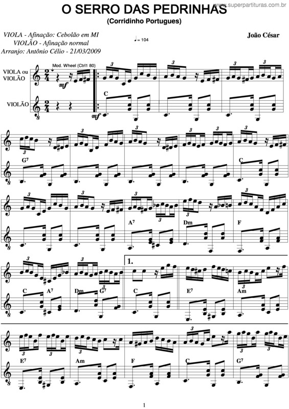 Partitura da música O Serro Das Pedrinhas