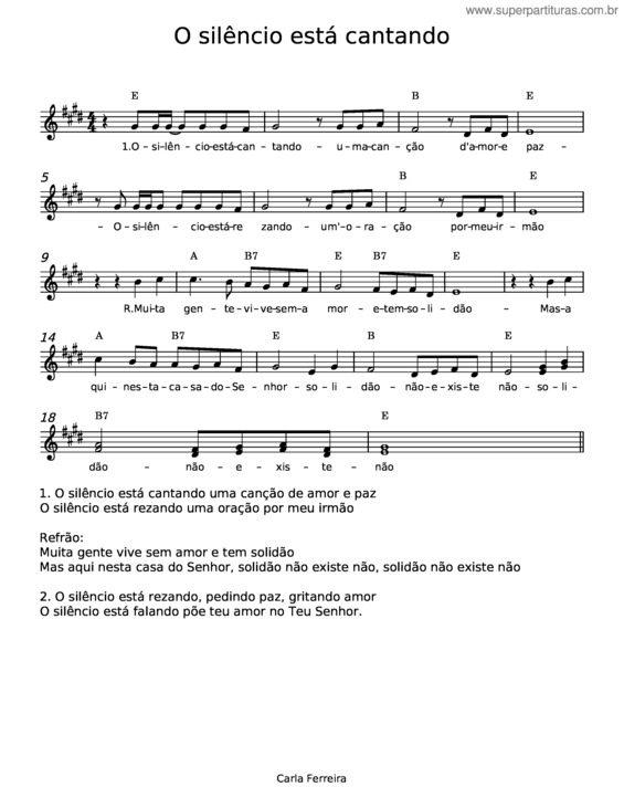 Partitura da música O Silêncio Está Cantando – Carla Ferreira v.2