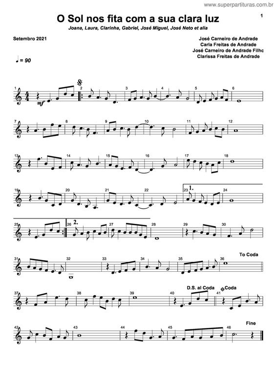 Partitura da música O Sol Nos Fita Com A Sua Clara Luz