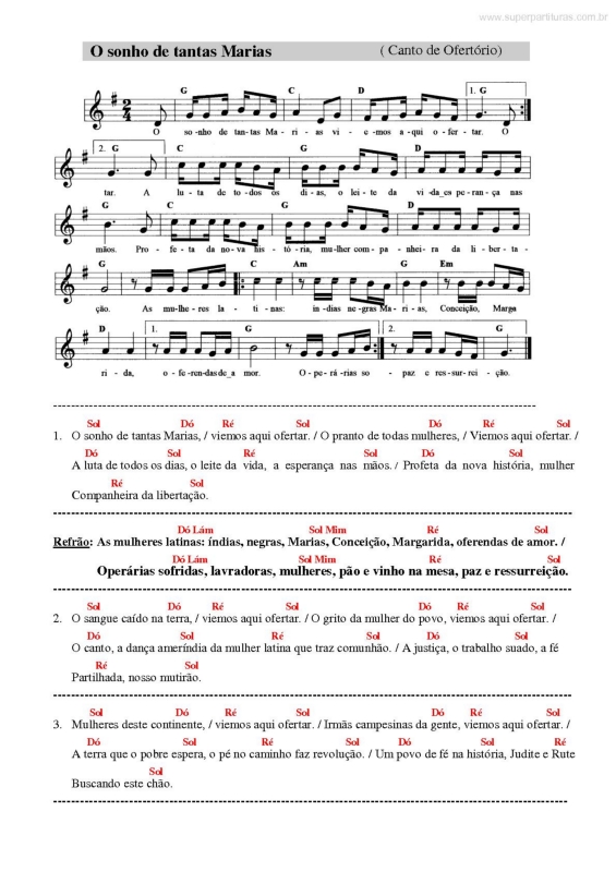 Partitura da música O Sonho de Tantas Marias