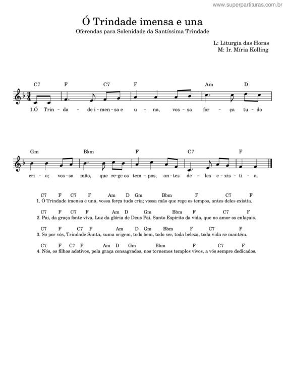Partitura da música Ó Trindade Imensa E Una – Ir. Míria Kolling