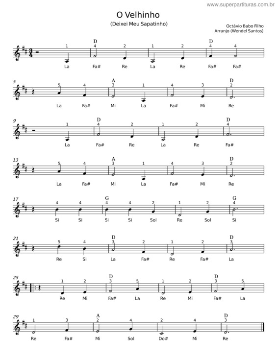 Partitura da música O Velhinho – Octávio Babo Filho