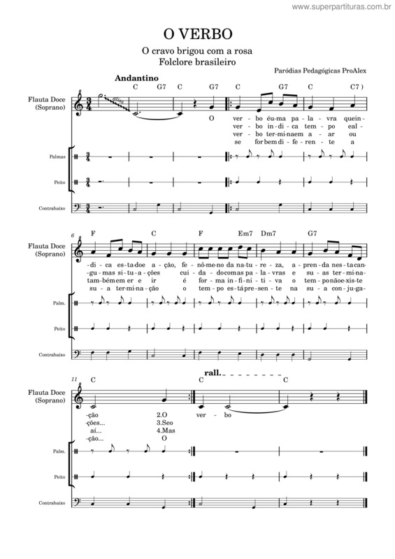 Partitura da música O Verbo – Paródias Pedagógicas Proalex