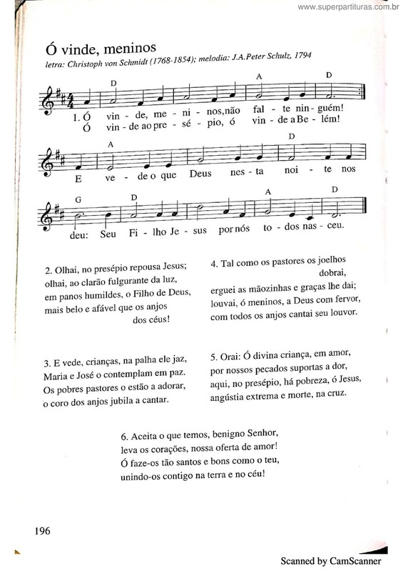 Partitura da música Ó Vinde Meninos