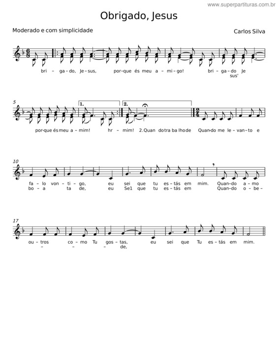 Partitura da música Obrigado, Jesus – Carlos Silva