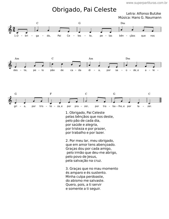 Partitura da música Obrigado, Pai Celeste – Alfonso Butzke v.2