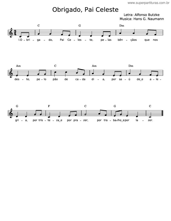 Partitura da música Obrigado, Pai Celeste – Alfonso Butzke