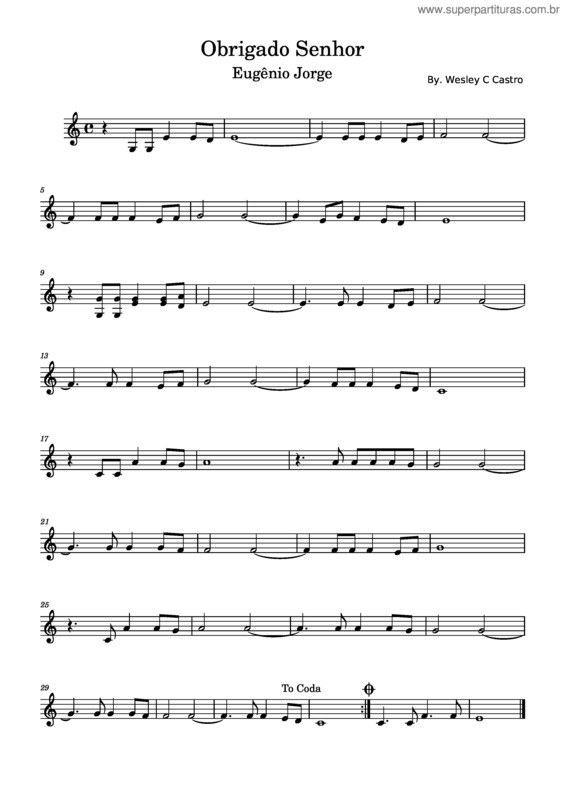 Partitura da música Obrigado Senhor – Eugênio Jorge
