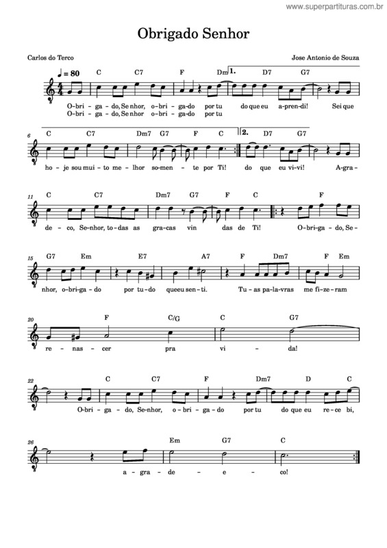 Partitura da música Obrigado Senhor/Jose Antonio De Souza E Carlos Roberto Pereira