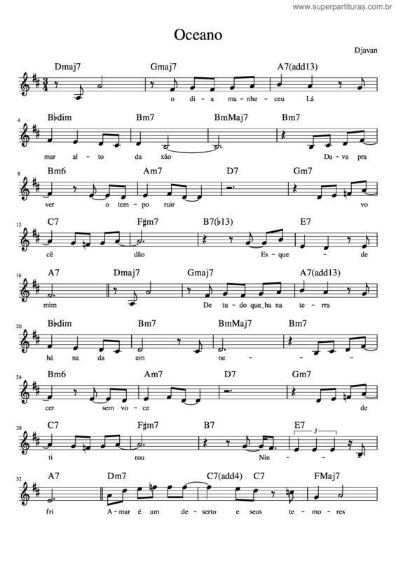 Partitura da música Oceano D Djavan