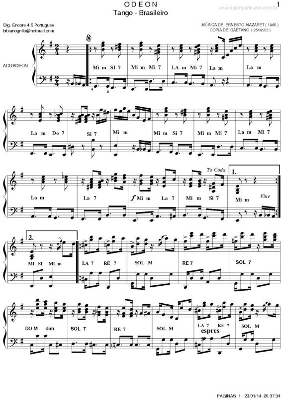 Partitura da música Odeon