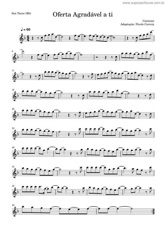 Partitura da música Oferta Agradável A Ti – Sax Tenor – Cassiane – 60 Bpm – Nicoledonasci
