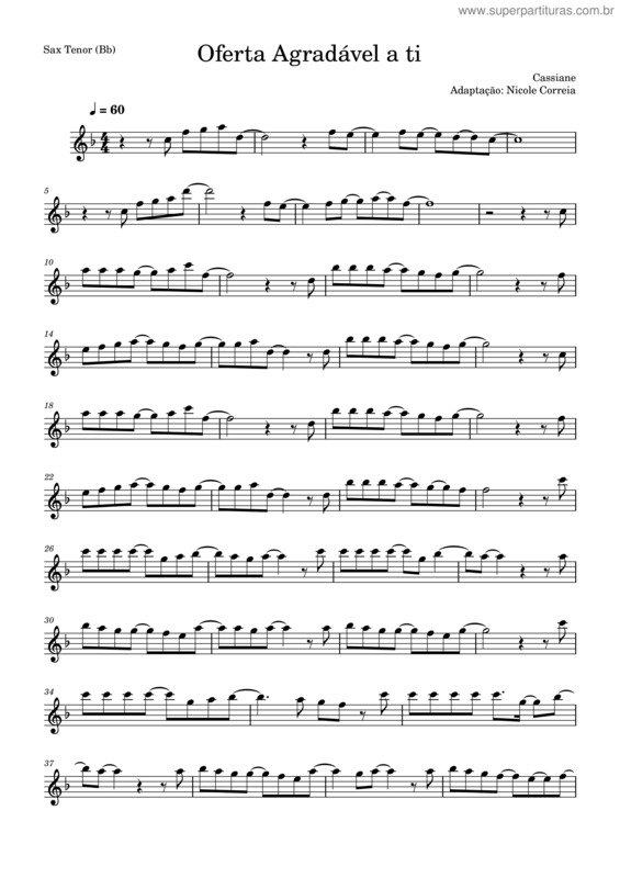 Partitura da música Oferta Agradável A Ti – Sax Tenor – Cassiane – Adaptação Para Estudo – Nicole Correia – Nicoledonasci