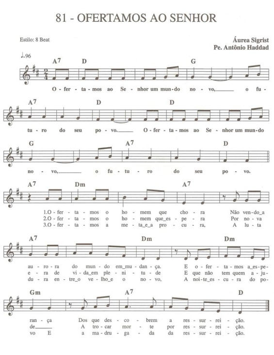 Partitura da música Ofertamos ao Senhor