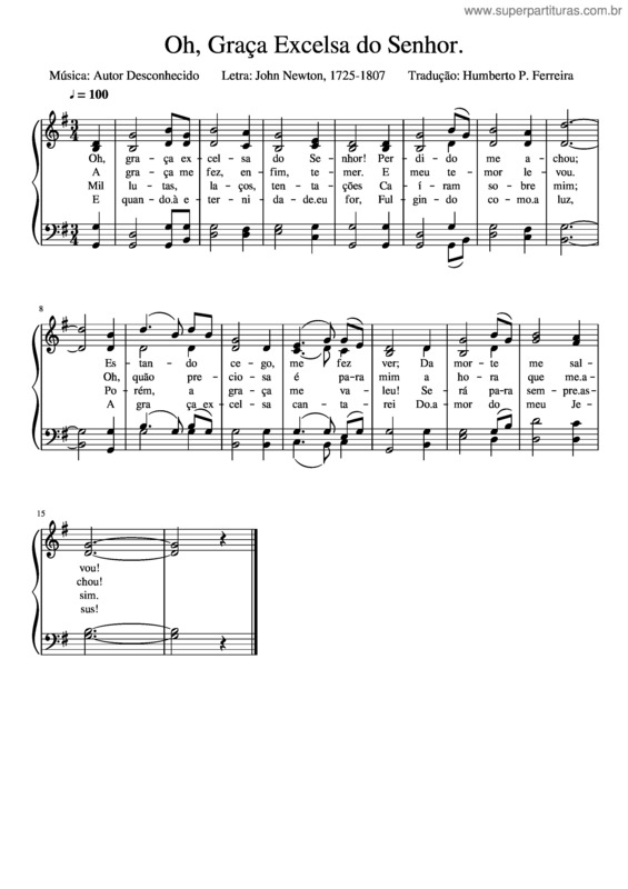 Partitura da música Oh, Graça Excelsa Do Senhor.