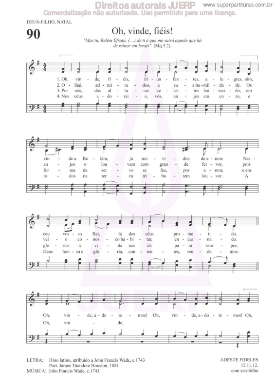 Partitura da música Oh, Vinde, Fiéis! - 90 HCC v.2