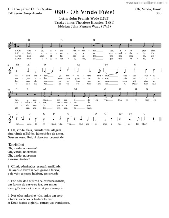 Partitura da música Oh, Vinde, Fiéis – John Francis Wade