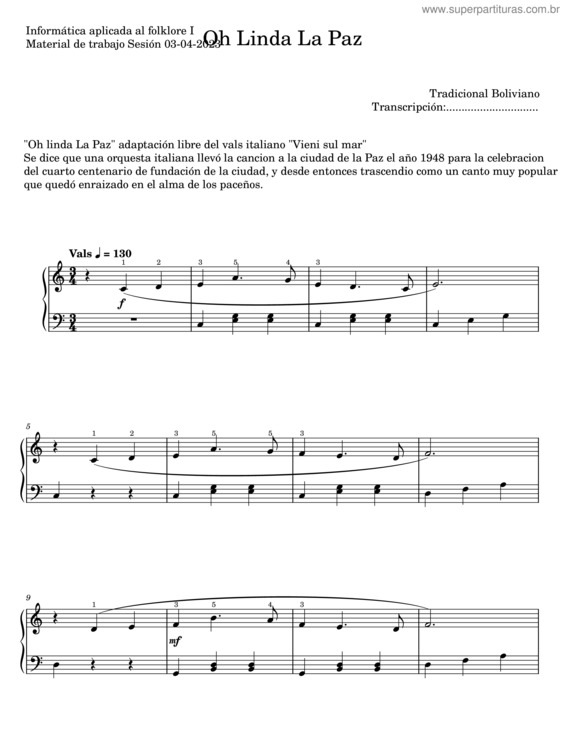 Partitura da música Oh Linda La Paz