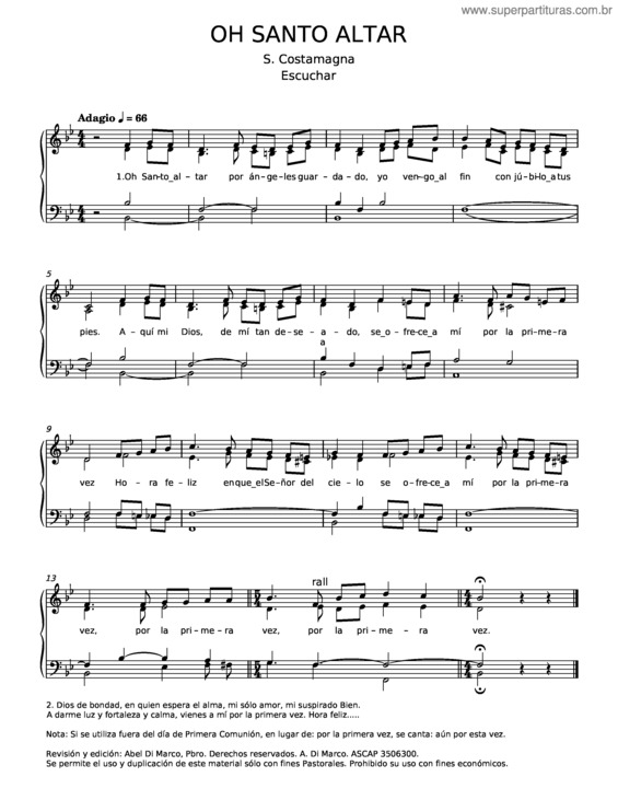 Partitura da música Oh Santo Altar – S. Costamagna