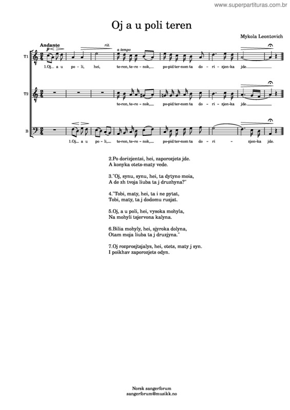 Partitura da música Oi A Poli Teren – Mykola Leontovych