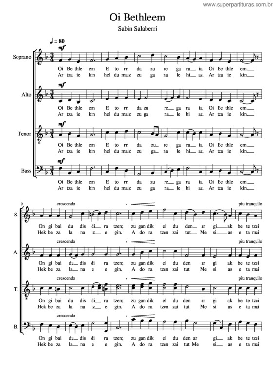 Partitura da música Oi Bethleem