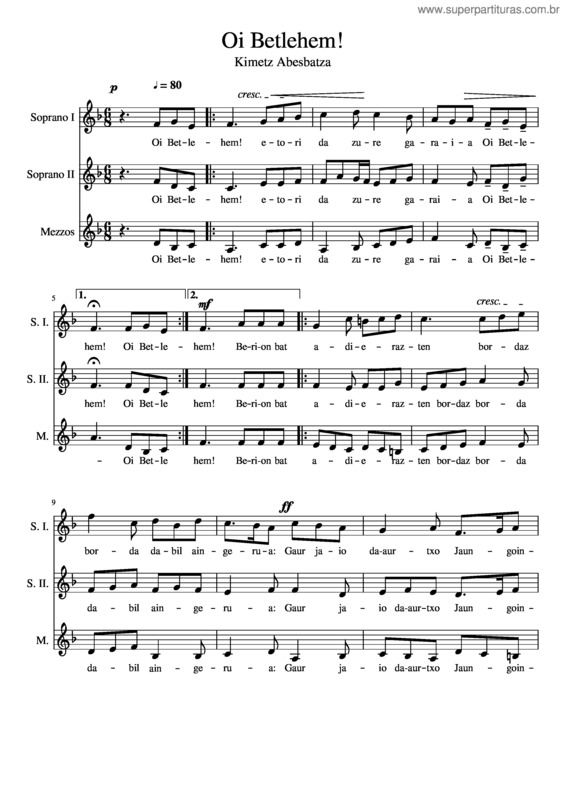 Partitura da música Oi Betlehem