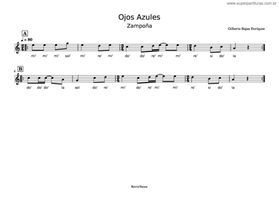 Partitura da música Ojos Azules – Gilberto Rojas Enríquez