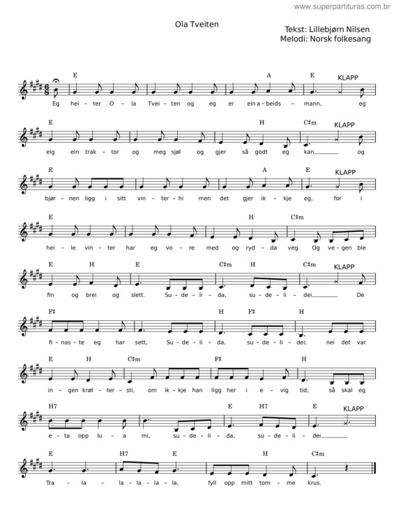 Partitura da música Ola Tveiten – Lillebjørn Nilsen