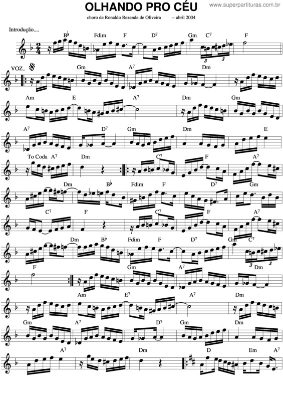 Partitura da música Olhando Pro Céu