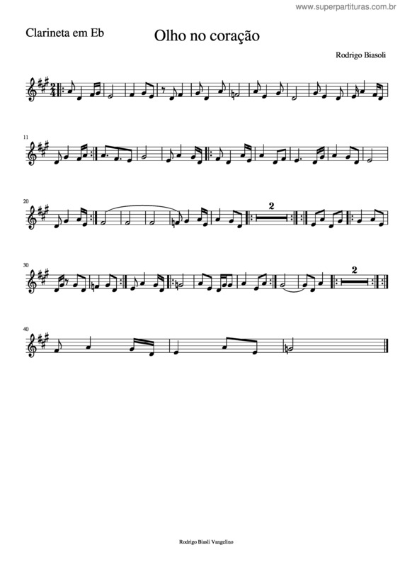 Partitura da música Olho No Coração-Clarineta Em Eb