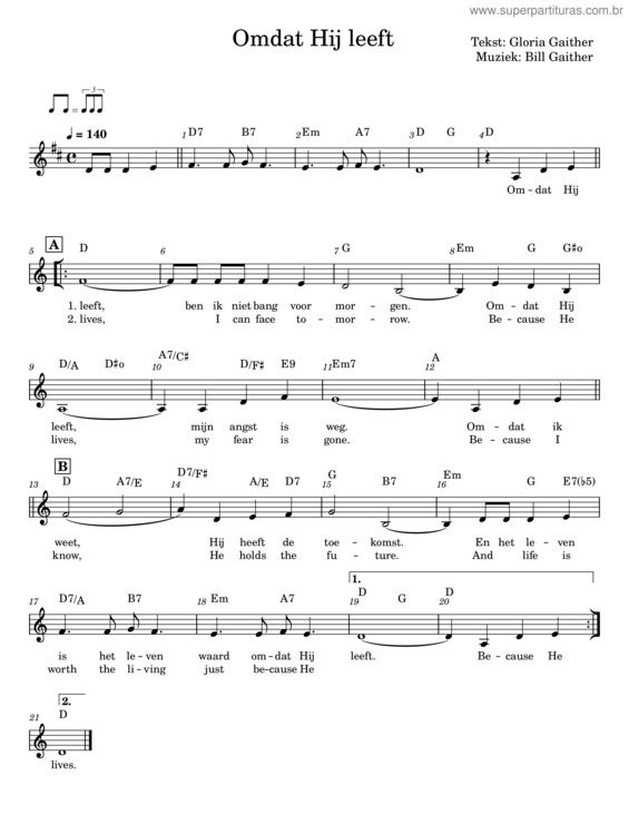 Partitura da música Omdat Hij Leeft – Gloria Gaither