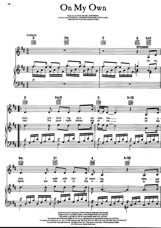 Partitura da música On My Own (Les Miserables)