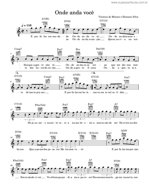 Partitura da música Onde Anda Você – Vinícius De Moraes E Hemano Silva
