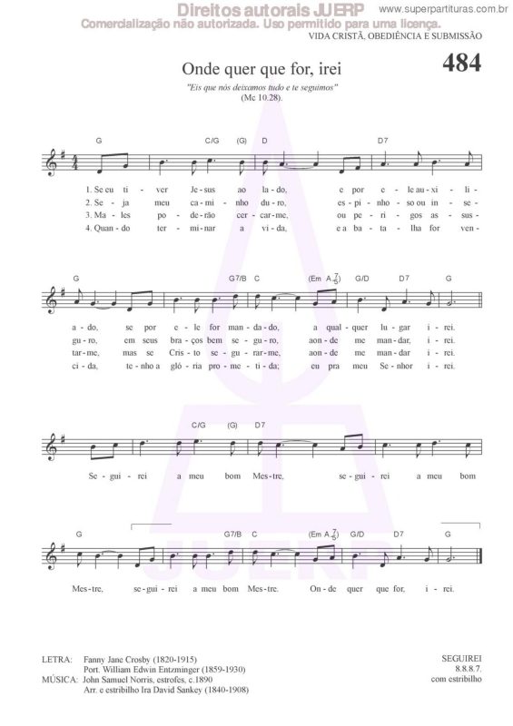 Partitura da música Onde Quer Que For, Irei - 484 HCC