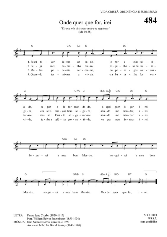 Partitura da música Onde Quer Que For Irei