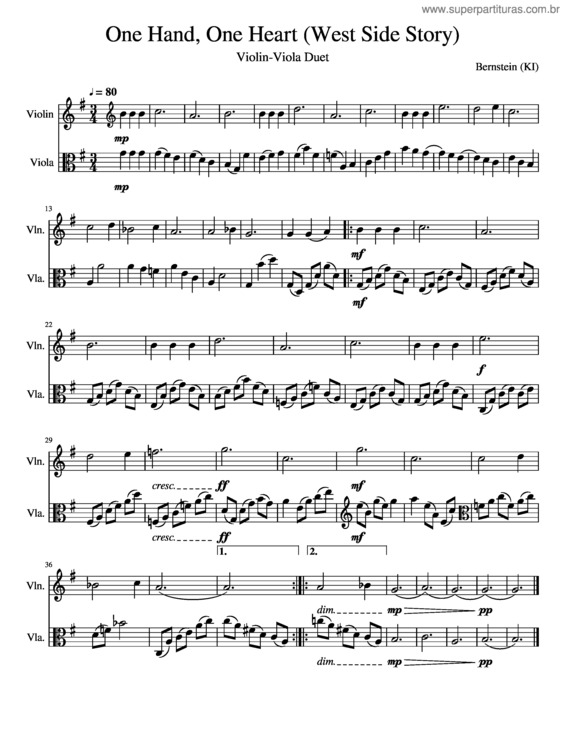 Partitura da música One Hand, One Heart