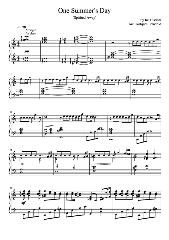 Partitura da música One Summers Day (Spirited Away)