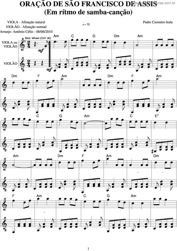 Partitura da música Oração De São Francisco v.3