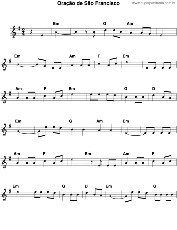 Partitura da música Oração De São Francisco